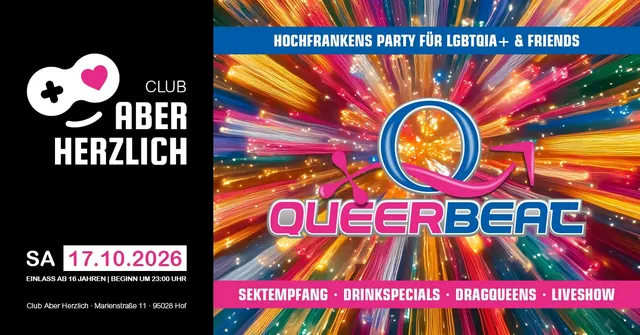 Ankündigungsbild für „Queerbeat – Hochfrankens Party für LGBTQIA+ & Friends – Sektempfang, Dragqueens & Show" bei Club Aber Herzlich