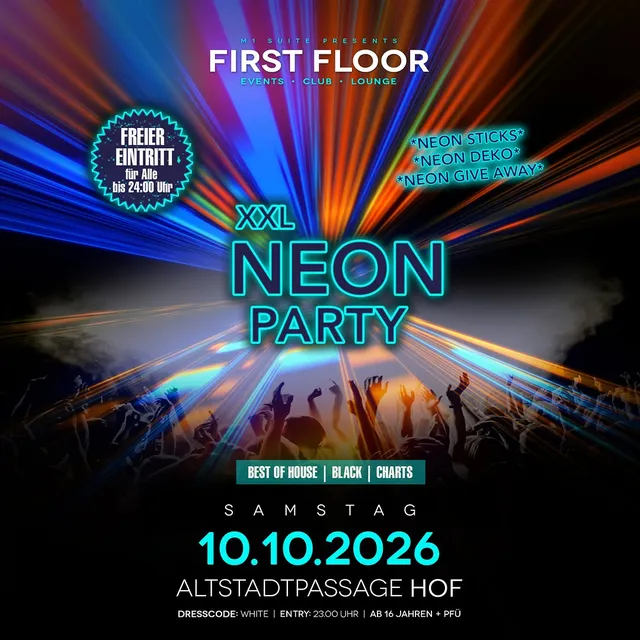 Ankündigungsbild für „XXL Neon Party" bei First Floor