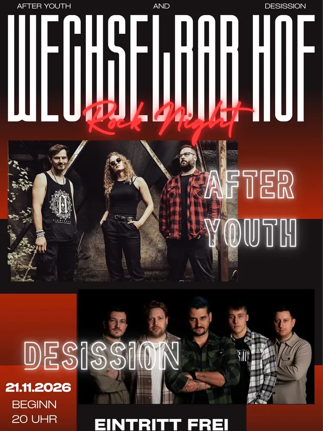 Ankündigungsbild für „Rock Night mit After Youth und Desission" bei Wechselbar | Restaurant- Events - Bar